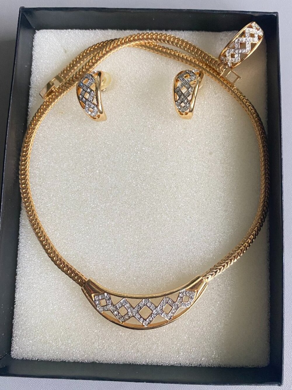 Retro Gold Tone Pave Geometric Statement Jewelry Set Necklace Hoop Earrings Ring